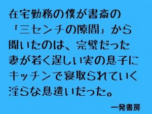在宅勤務の僕が書斎の「三センチの隙間」から聞いたのは、完璧だった妻が若く逞しい実の息子にキッチンで寝取られていく淫らな息遣いだった。【一発書房】 アイキャッチ画像 【無料同人エロ漫画チョイス】